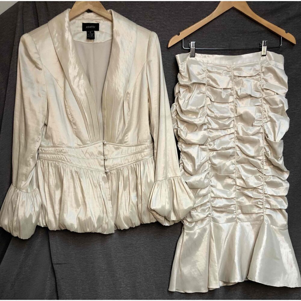 Ashro Ivory Satin Peplum Blazer Dress combo Ruffled Hem  Womens Size 12